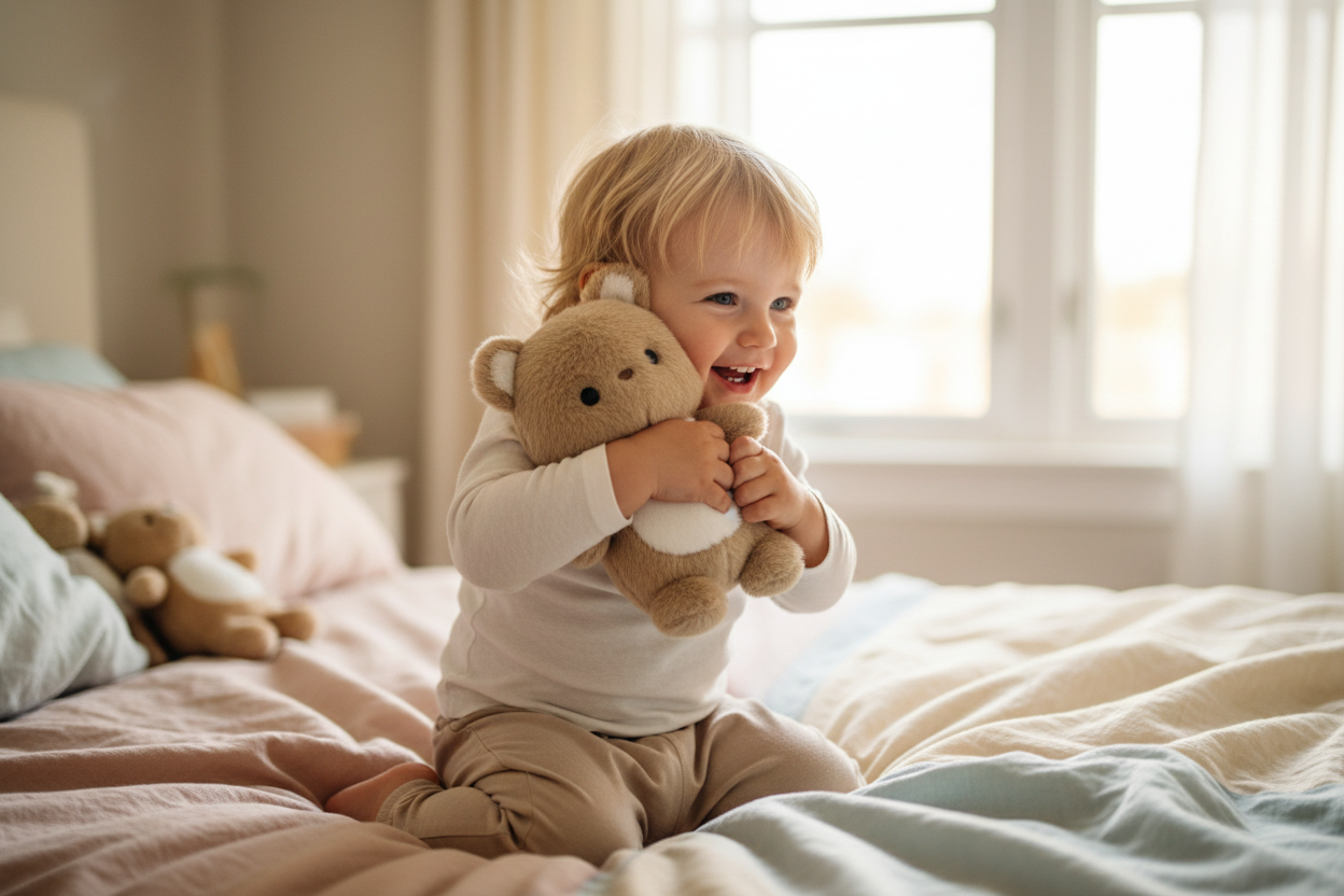 Kind luistert naar een persoonlijke boodschap uit de Nuffie knuffel